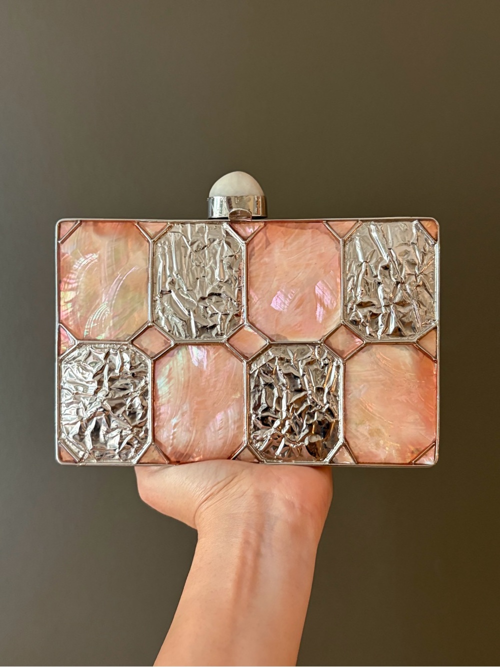 Pink Mother-of-Pearl and Silver Rectangular Clutch